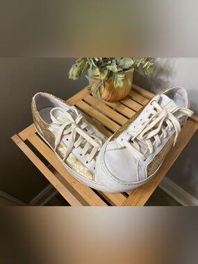 White and Gold Sequin Tara Grinna Sneakers 8.0
